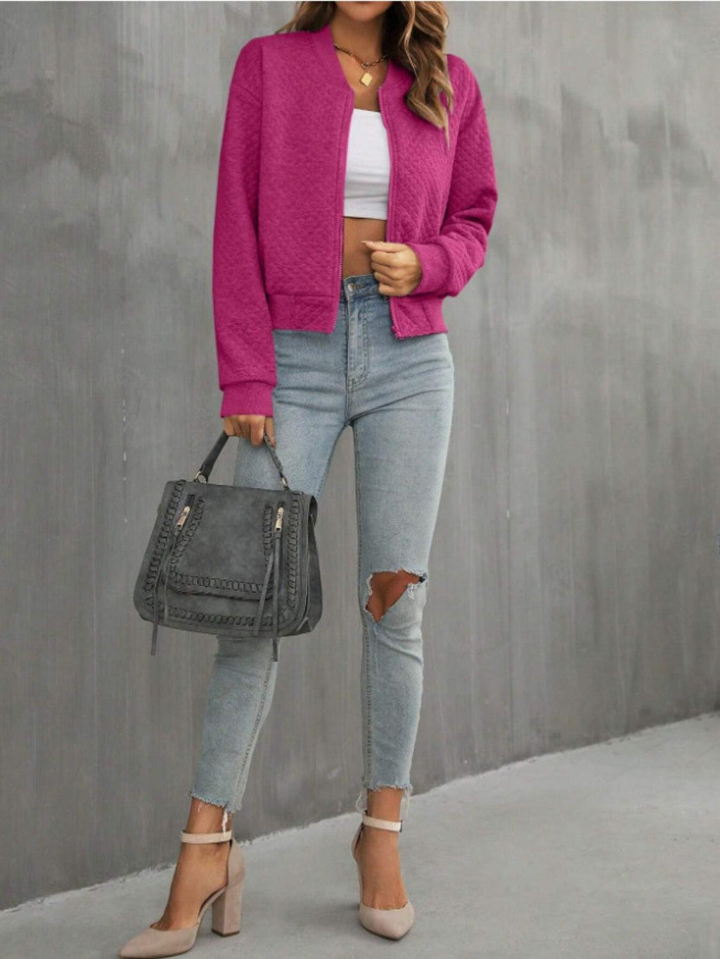 Textured Jacket Zip Up Long Sleeve Short Outwear e094186d-71bf-4bea-8ccd-e7ae5c63497c-Max_b552a5b5-e76f-481f-800b-b89c5d254d7f Trendsi