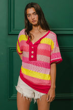 BiBi Multi Color Stripe Top Hacci Button Detail Ringer Short Sleeve T-shirt e0981f18c0fc4352886e492db8adda18-Max-Origin Trendsi