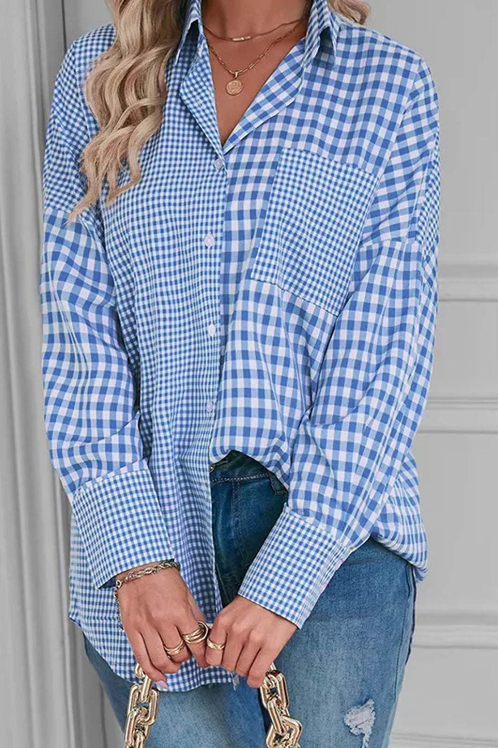 Women's Plaid Shirt Light Blue Button Up Long Sleeve Pocketed Tops Light Blue e09df302-4cc6-4329-bf0d-933788e70438-Max Trendsi