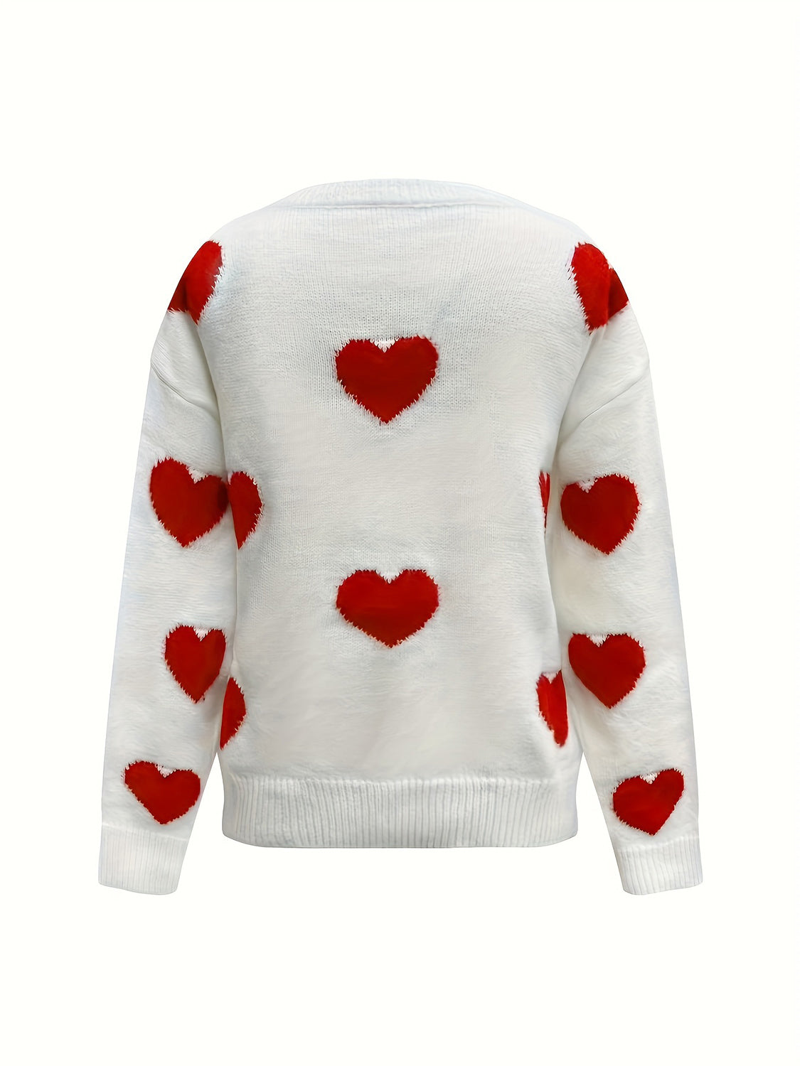Sweater Heart Valentine’s Day Round Neck Long Sleeve Women White Pullover