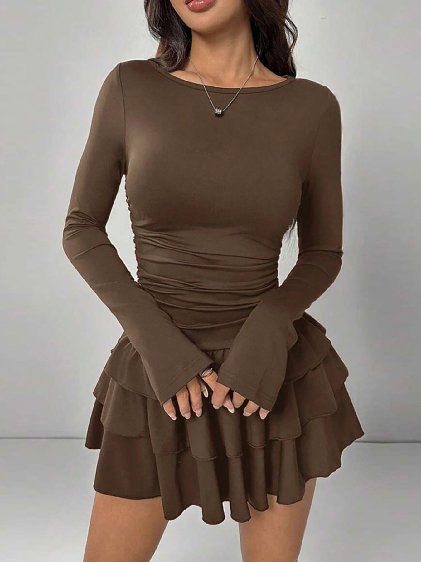 Ruffle Hem Long Sleeve Mini Dress with Tiered Design