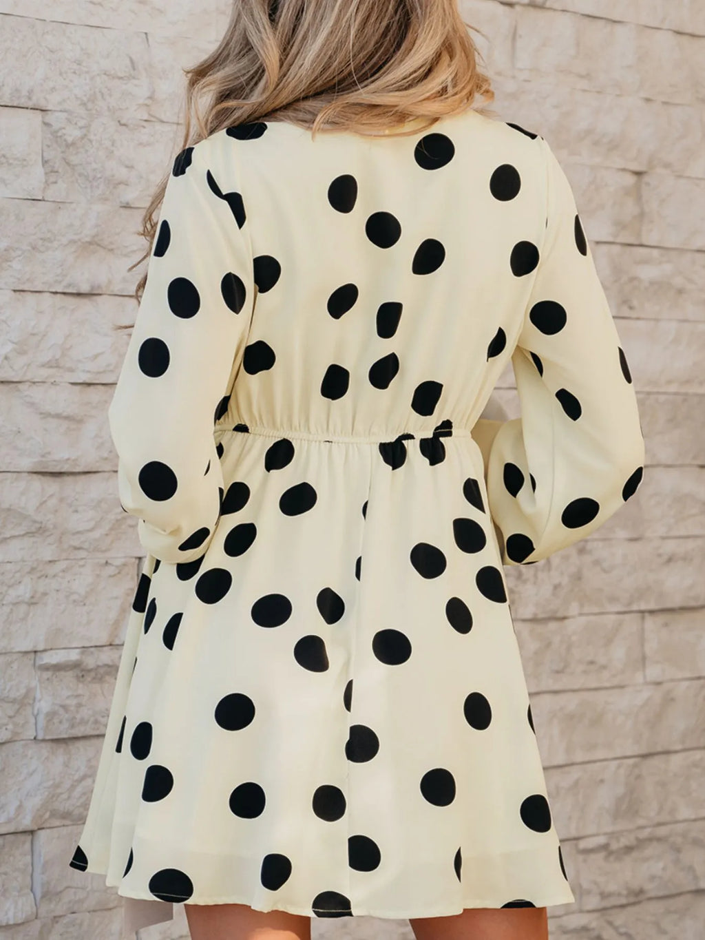 Mini Dress Polka Dot Beige Surplice V Neck Ruffled Puff Long Sleeve e0b9bb1f-48f4-4767-accd-3e44102d92d2-Max-Origin Trendsi