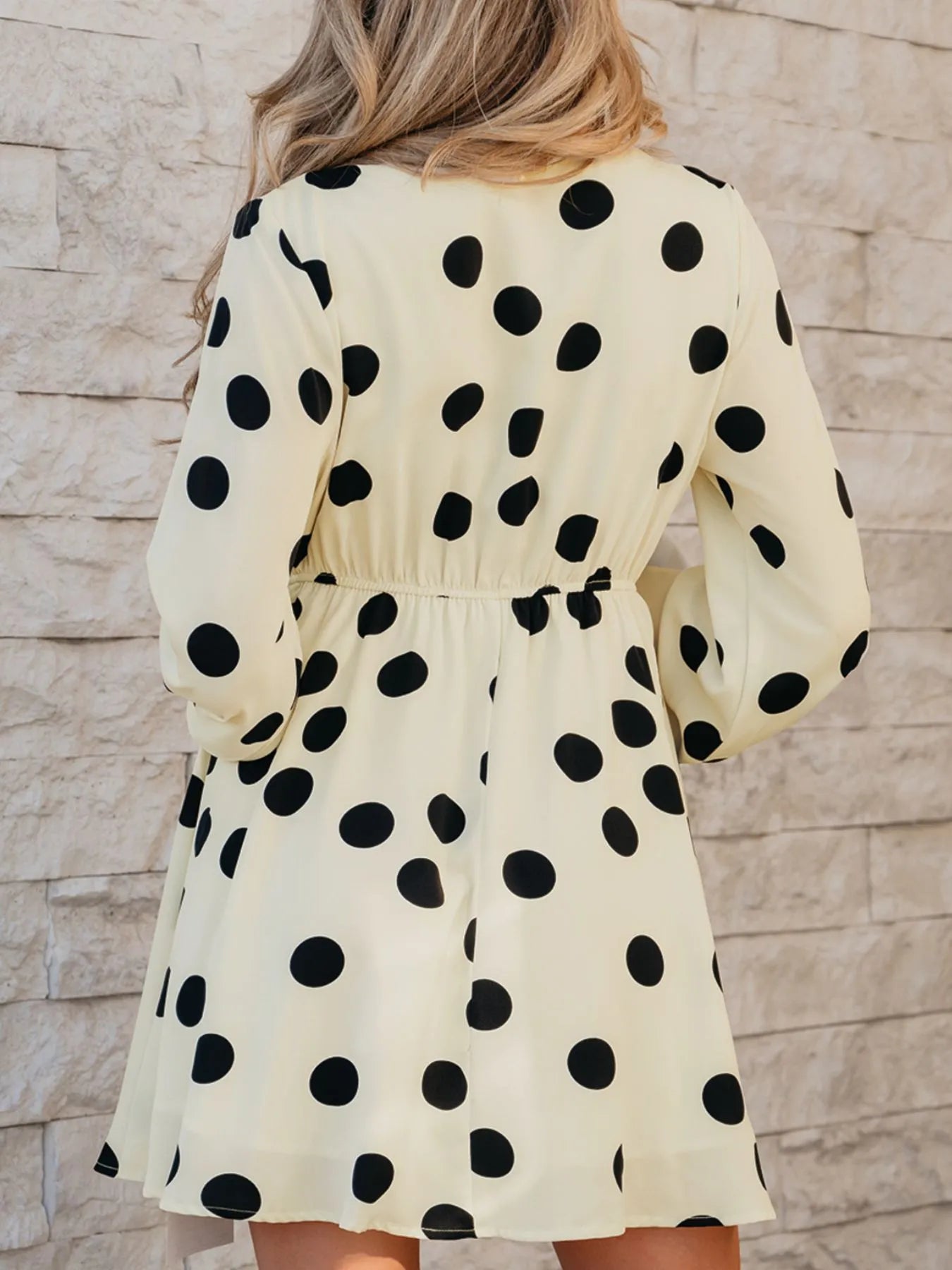 Mini Dress Polka Dot Beige Surplice V Neck Ruffled Puff Long Sleeve e0b9bb1f-48f4-4767-accd-3e44102d92d2-Max-Origin Trendsi