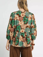 Umgee Women's Blouse Brown Floral Mix Peplum Ruffled with Tie Neck Top e0d3848b554f4bc59c4a4d94aa856932-Max-Origin Trendsi