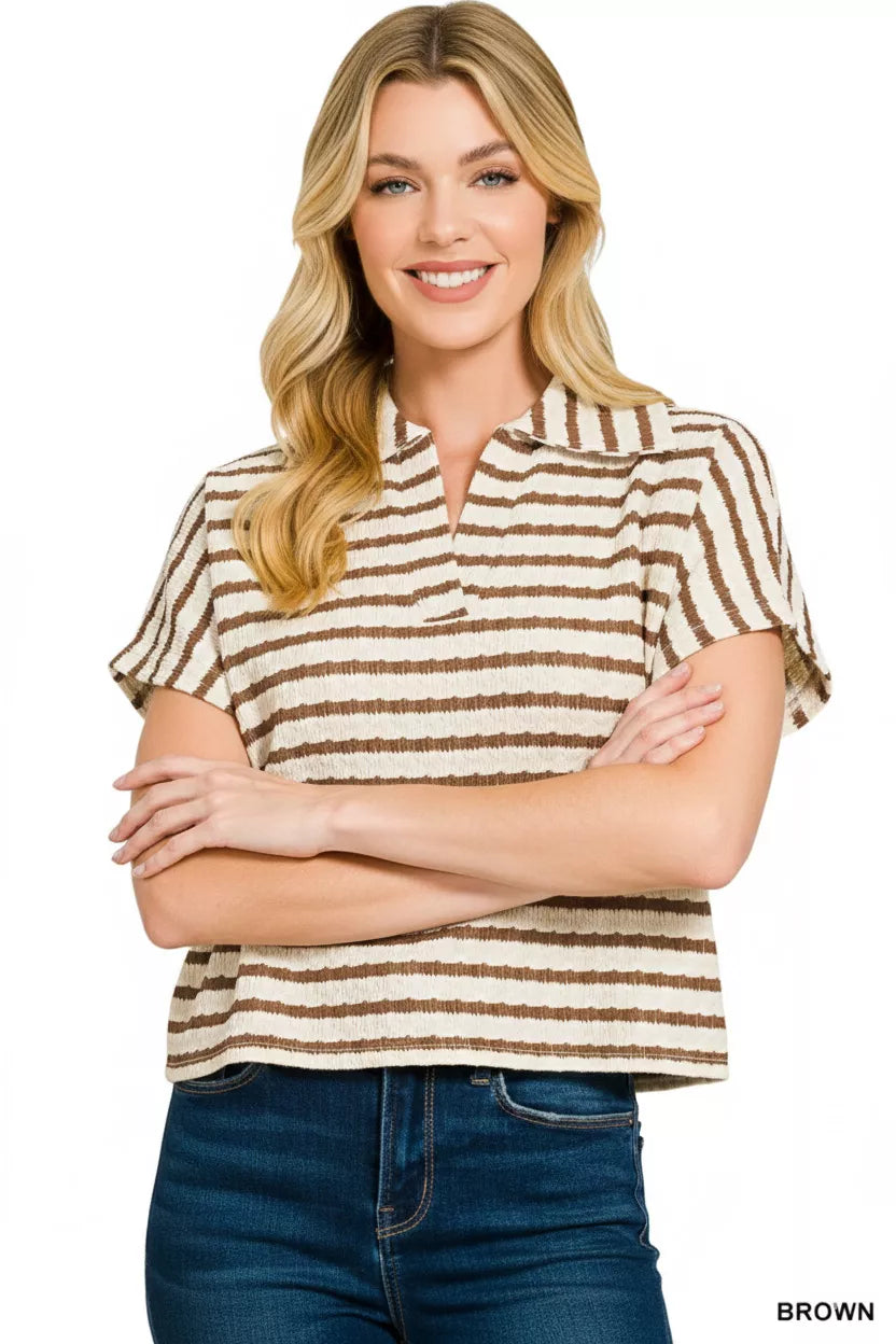 Zenana Blouse Brown Striped Split Neck Collared Top e0d510b7-429c-49f3-9e61-ef5306a6645b-Max-Origin Trendsi
