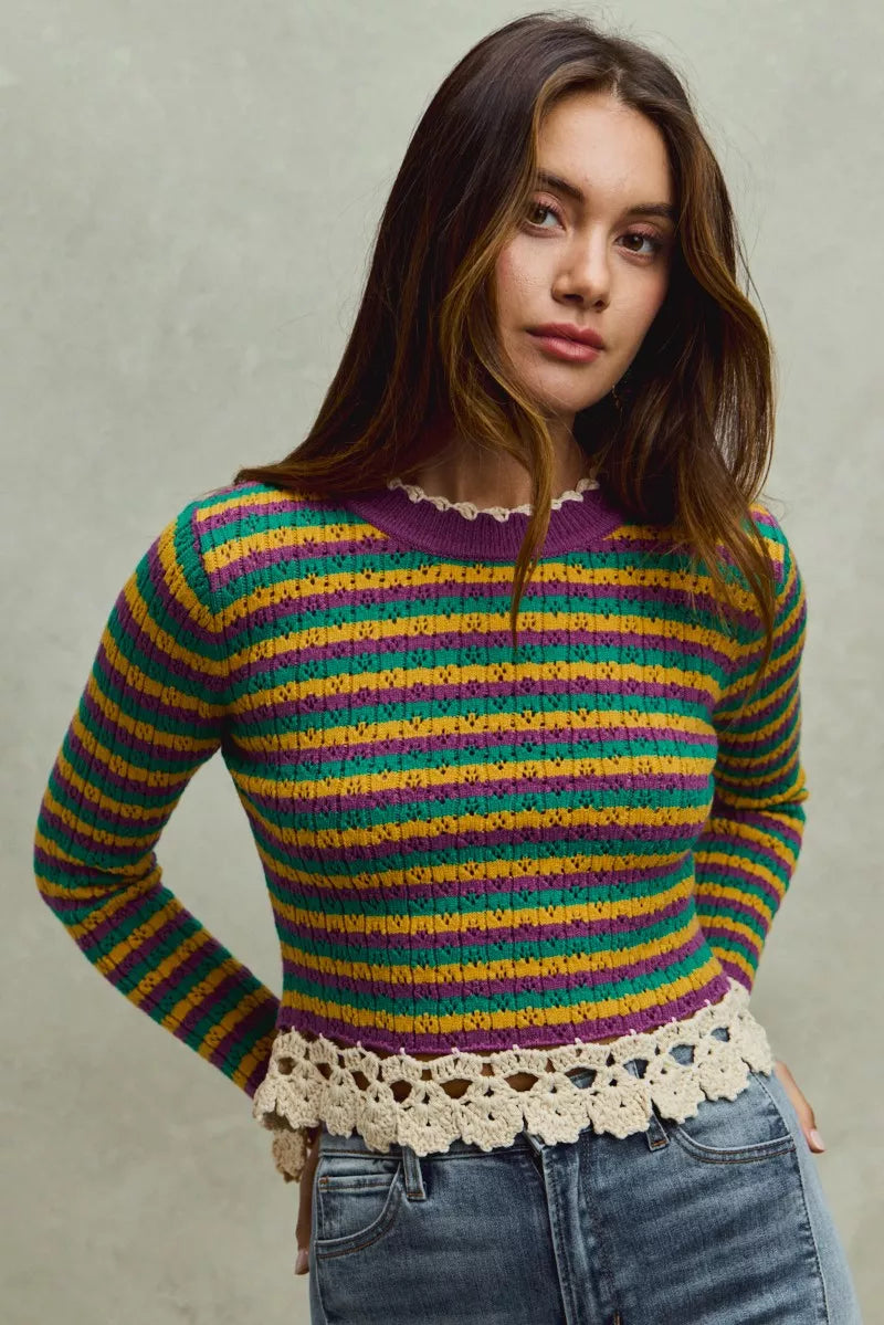 SO ME Mardi Gras Striped Cropped Knit Top with Crochet Edge e0d8e9469abd4379b73e64a0f0afeaef-Max-Origin Trendsi