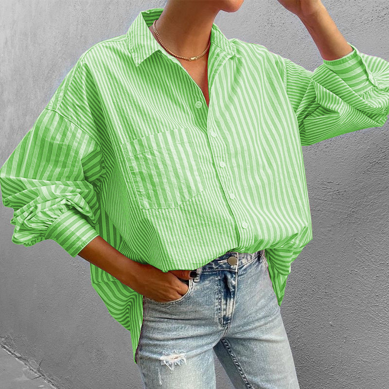 Women's Striped Shirt Button Down Long Sleeve Pink Pocketed Blouse Top e0eac96bd2e94ff78b0e7de78f755191-Max Trendsi