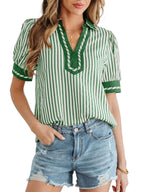 Striped Collared Blouse with Split Neck and Short Bubble Sleeves