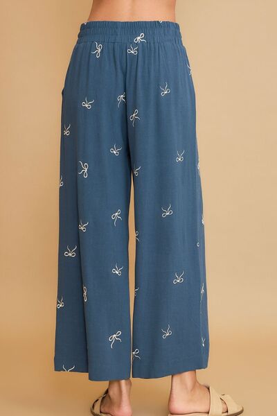Umgee Linen Blend Pants Bow Embroidered Plus Sizes Blue Drawstring Wide Leg