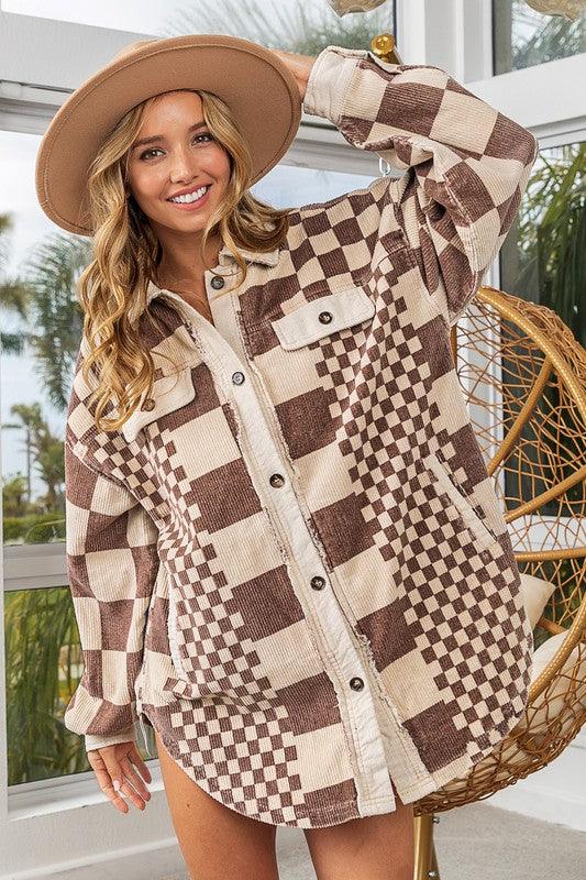 BiBi Checkered Jacket Mocha Women US Stock Button Down Corduroy Shacket