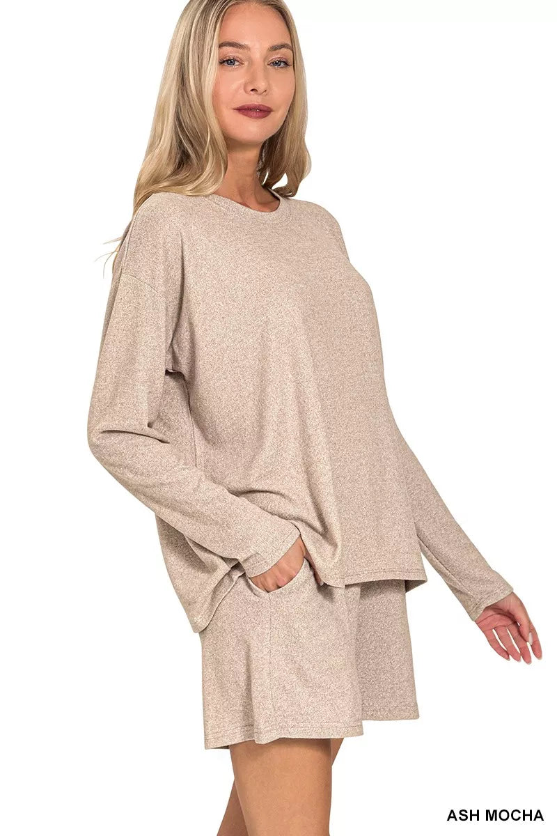 Zenana Womens Set Mocha Soft Melange Long Sleeve Top Tee and Shorts
