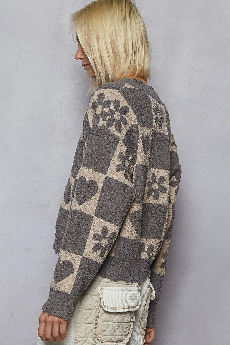 POL Women's Sweater V-Neck Heart Pattern Checkered Oversized Pullover e0f887cc-8a95-4f9c-9caf-78a8bc5c048d-Max-Origin Trendsi