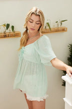 Lime 'N' Chili Babydoll Top Thin Striped with Drawstring Tie Front Short Sleeve e0f8fa4aa5724bf389e8b5f8330cfc0c-Max-Origin Trendsi