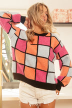 BiBi Women's Sweater Checker Orange Red Multi Color Pattern Oversized e1020bde4b7248acae6fee80ae4c7634-Max-Origin Trendsi