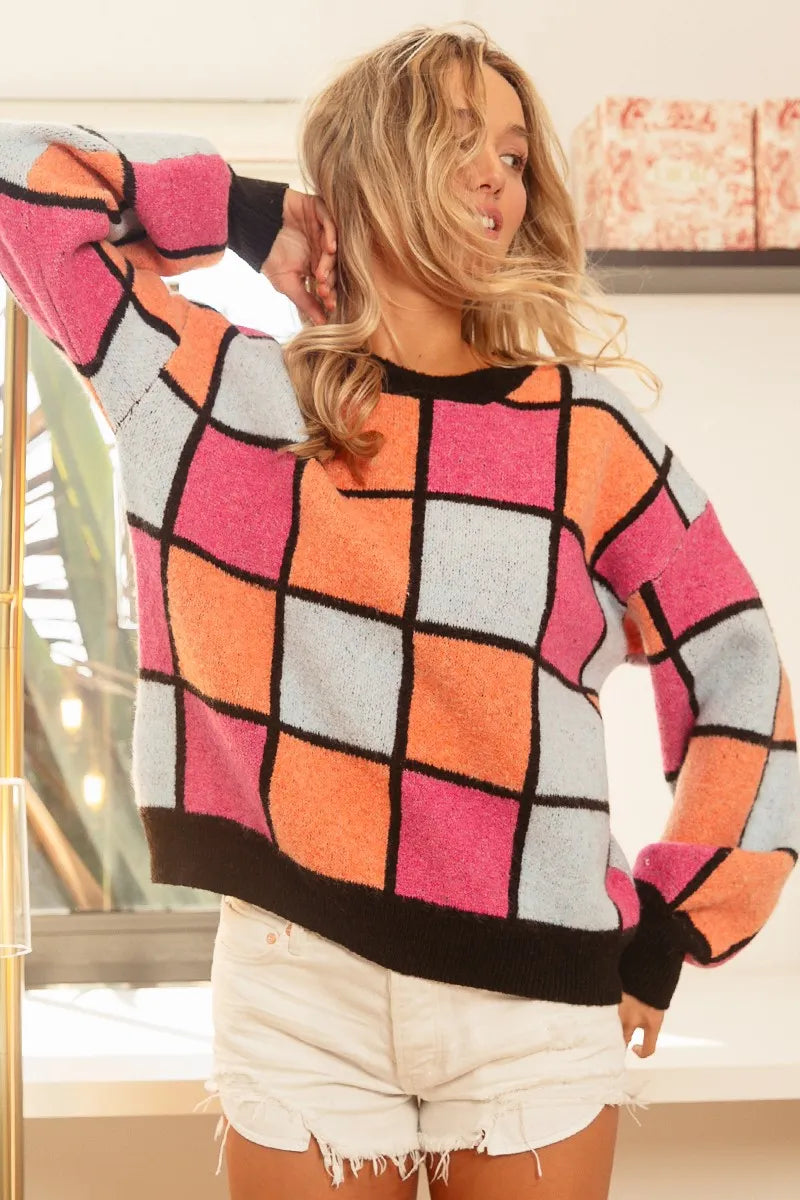 BiBi Women's Sweater Checker Orange Red Multi Color Pattern Oversized e1020bde4b7248acae6fee80ae4c7634-Max-Origin Trendsi