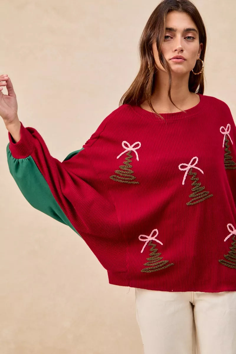 BiBi Womens Sweater Christmas Theme Tree Embroidered Red Pullover e1063e83ad44452f9f0ae6634e0fc3a3-Max-Origin Trendsi