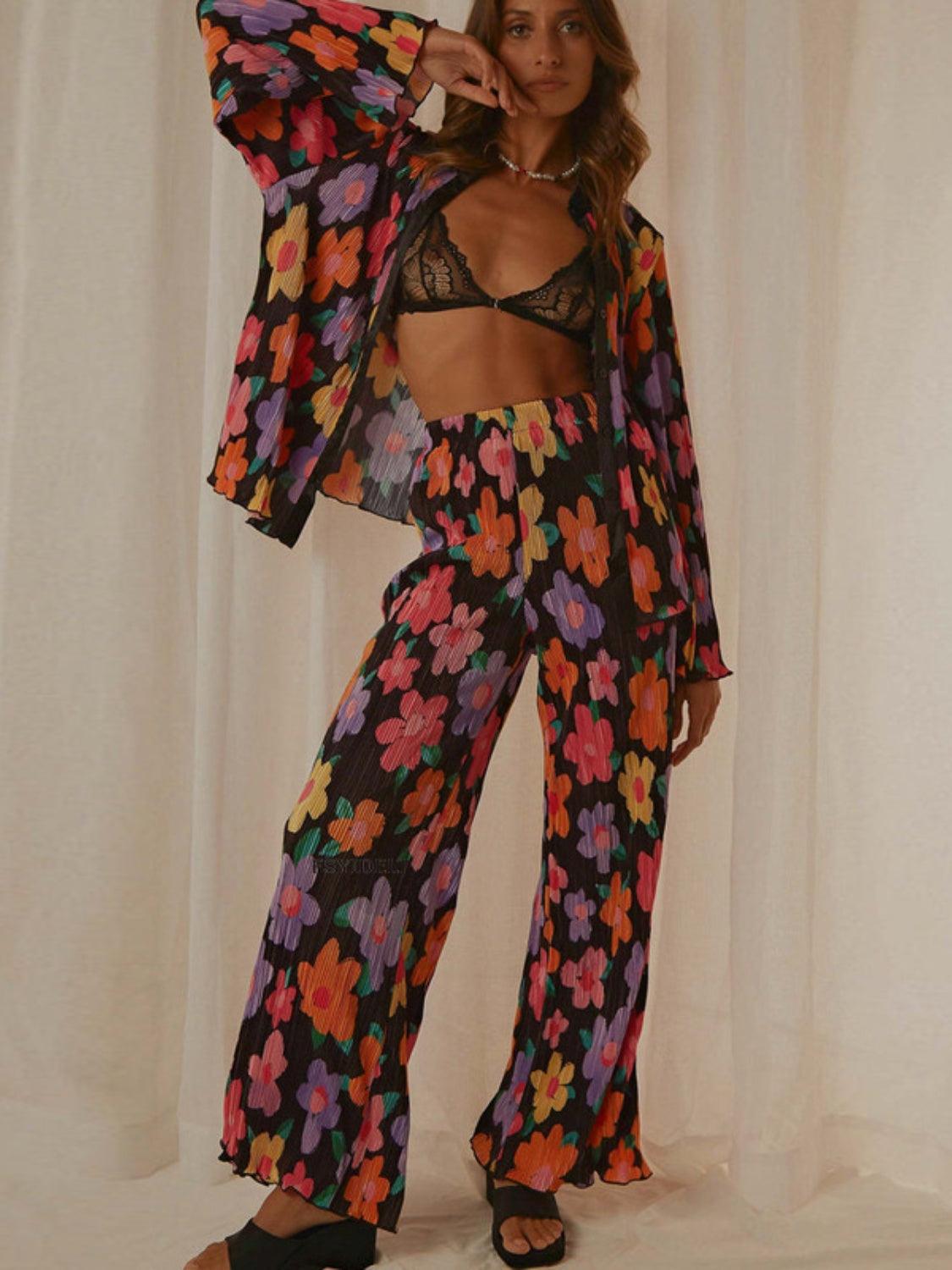 Floral Lounge Set Collared Neck Long Sleeve Top and Pants Black e11c1484-60b1-412c-be4a-d6560f810f00-Max Trendsi