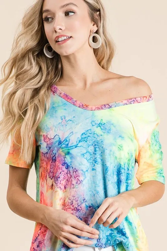 BiBi Tie Dye Print Jersey V Neck Top e11f011f8e464ab4ba0ceafd9c861f3a-Max-Origin Trendsi