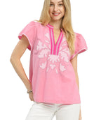 Umgee Abstract Applique Split Neck Top