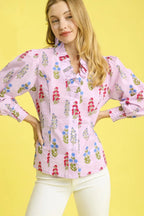 Umgee Women's Shirt Floral Blush Pink Lantern Sleeve Ruffle V Neck Top e130b612-e863-4a9c-b3a1-11b3fe2b84dc-Max-Origin Trendsi