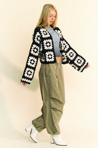 Davi & Dani Women Cardigan Two Tone Flower Square Crochet Open Cable-Knit e13259de-ec4d-4207-aa76-e32896f6b337-Max Trendsi