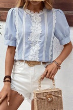 Women's Blouse Striped Lace Floral Detail Round Neck Half Sleeve Top Light Blue e134ee7a-5f06-4bc8-8227-0d95c9676680-Max-Origin Trendsi