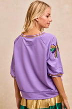 BiBi Womens Blouse Lavender Sequin Patched Ribbon Mardi Gras Theme Top e1378cfe9045464cb65de3df3adffdb9-Max-Origin Trendsi