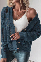 Cardigan Cotton Blend V Neck Openwork Button Up Long Sleeve e13fe0a3-8276-4326-8708-f40fe53ec135-Max Trendsi