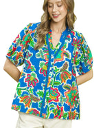 Umgee Floral Contrast-Trim Boho Blouse with Frill Detail