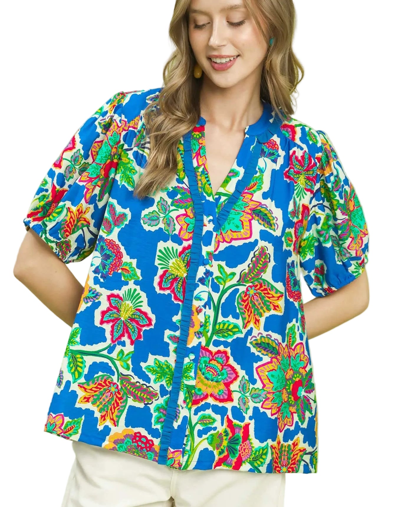 Umgee Floral Contrast-Trim Boho Blouse with Frill Detail