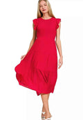 Zenana Red Midi Dress Woven Smocked Ruffle Short Sleeve RED e144f220041d46699387d73cecb6fb7b-Max-Origin Trendsi