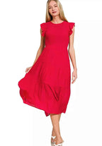 Zenana Red Midi Dress Woven Smocked Ruffle Short Sleeve RED e144f220041d46699387d73cecb6fb7b-Max-Origin Trendsi