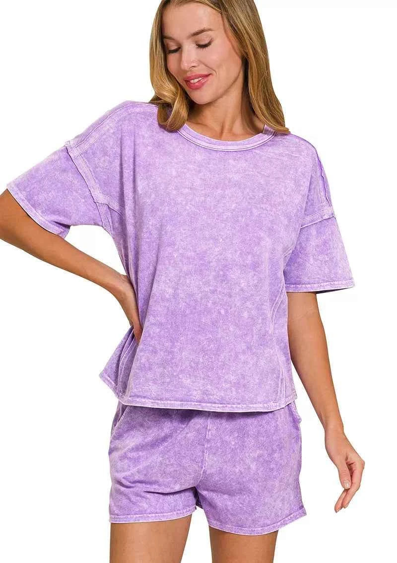 Zenana Tracksuit Set Violet Halo Snow Washed Short Sleeve Top Tee and Shorts VIOLET e14d5d1635114e949318a92b02ee0423-Max-Origin Trendsi