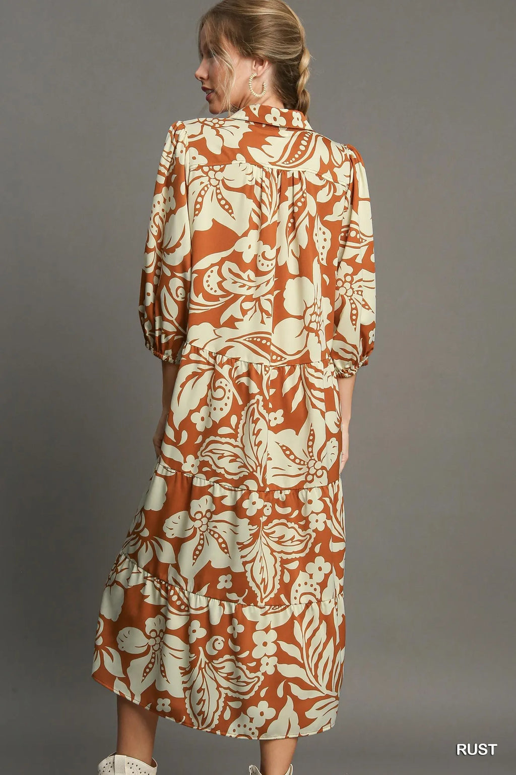 Umgee Midi Shirt Dress Rust Floral Tiered 3/4 Sleeve e1506a21-c375-4435-88e1-8da8f91882a1-Max-Origin Trendsi