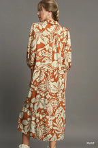 Umgee Midi Shirt Dress Rust Floral Tiered 3/4 Sleeve e1506a21-c375-4435-88e1-8da8f91882a1-Max-Origin Trendsi