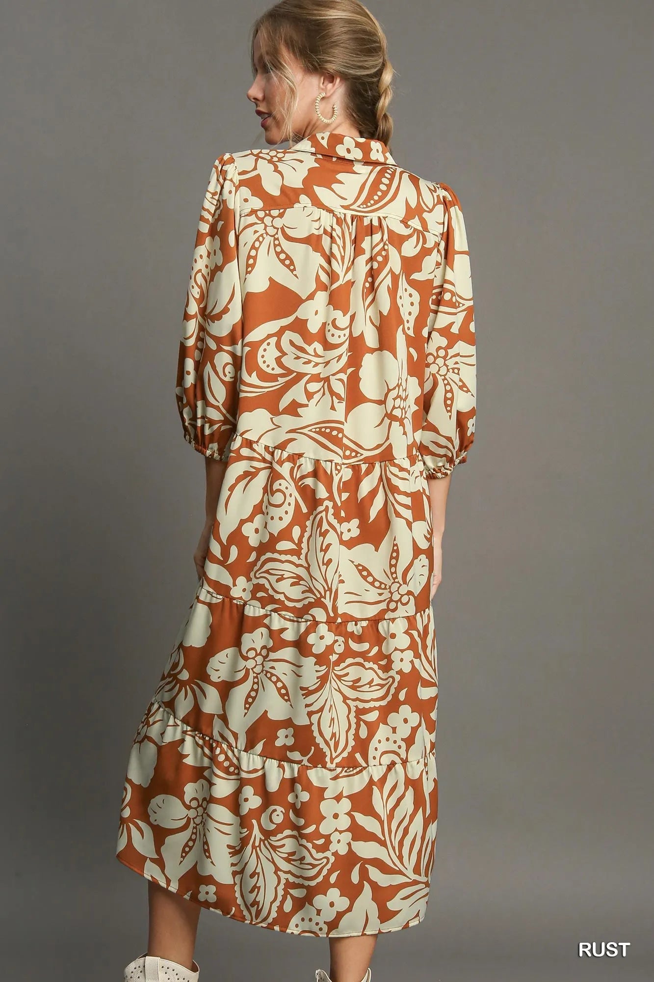 Umgee Midi Shirt Dress Rust Floral Tiered 3/4 Sleeve e1506a21-c375-4435-88e1-8da8f91882a1-Max-Origin Trendsi