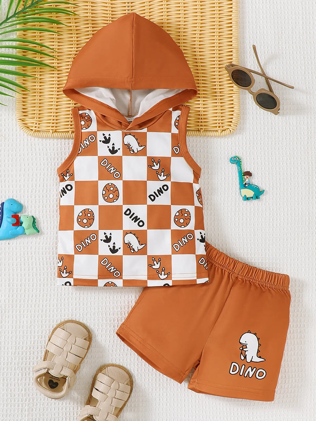 Children's Boy Set Dinosaur Checkered Sleeveless Hooded Top and Shorts 2 Pcs Terracotta e1530157-694d-4c26-bff4-f9fc1281137f-Max-Origin Trendsi