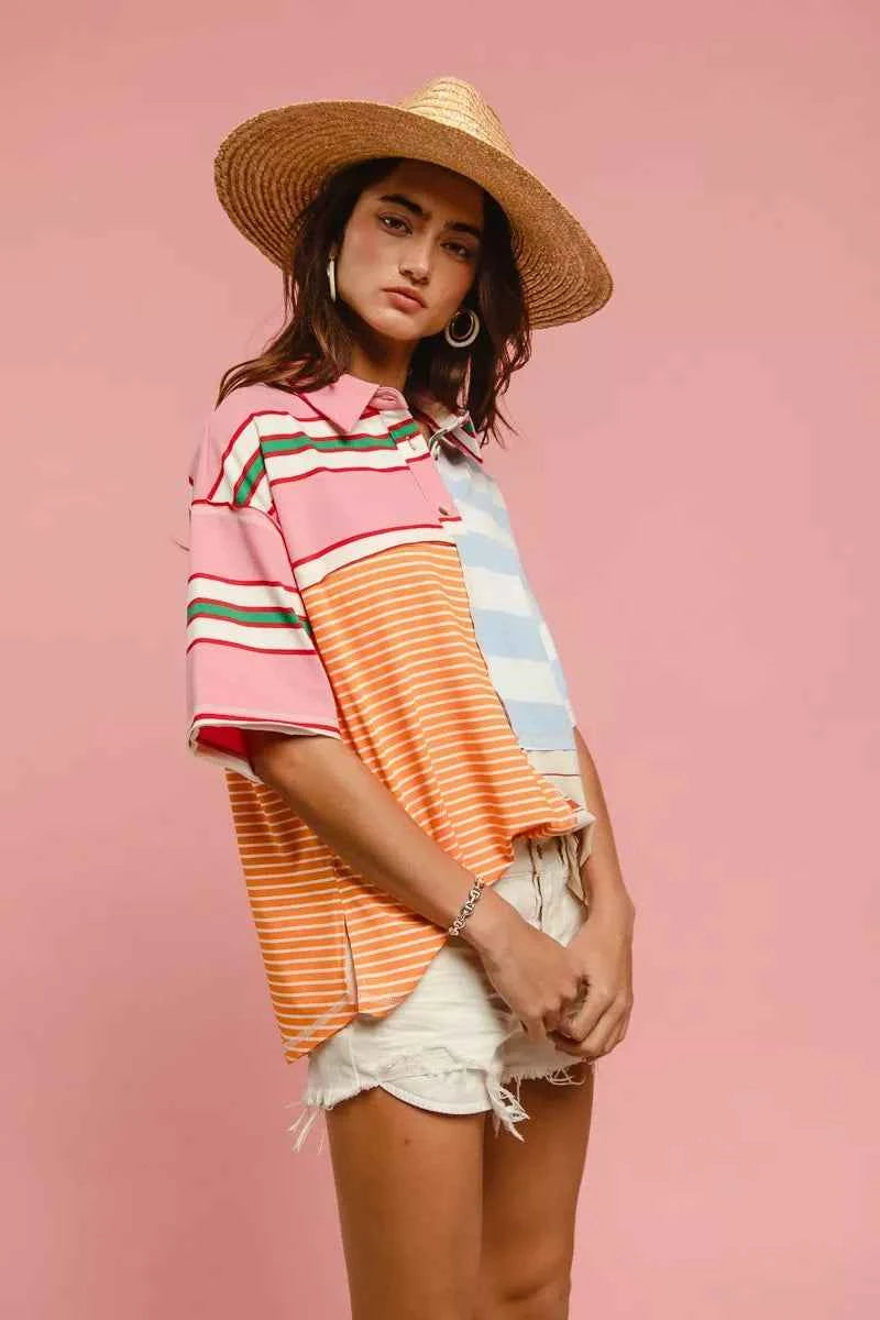 BiBi Women Shirt Mix And Match Stripe Color Block Short Sleeve Top e15314901dfc4ec183970e91da46b26e-Max-Origin Trendsi