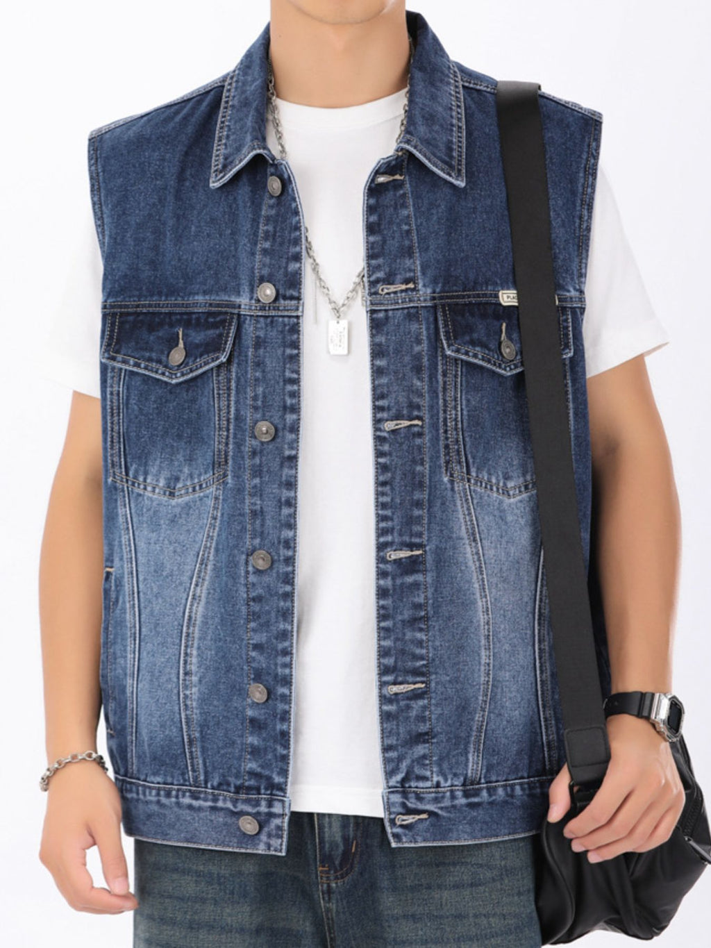 Men's Plus Size Vintage Washed Denim Vest - Buttoned, 100% Cotton, Various Sizes