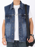 Men's Plus Size Vintage Washed Denim Vest - Buttoned, 100% Cotton, Various Sizes