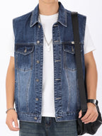 Men's Plus Size Vintage Washed Denim Vest - Buttoned, 100% Cotton, Various Sizes
