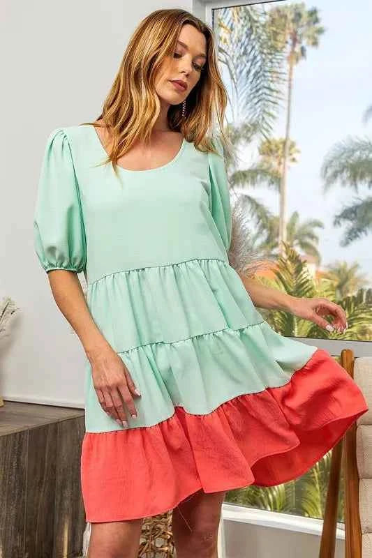 BiBi Two-Tone Balloon Sleeves U Neck Tiered Ruffle Hem Mini Dress