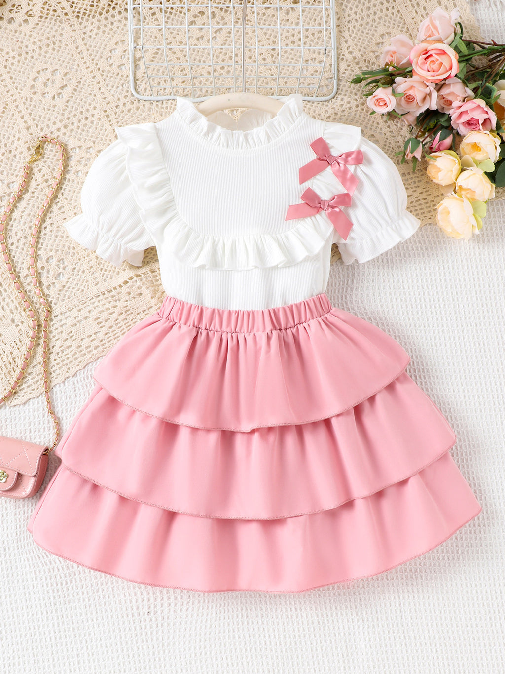 Children's Two-Piece Set with Ruffle Trim Bow Decorated Top and Layered Skirt