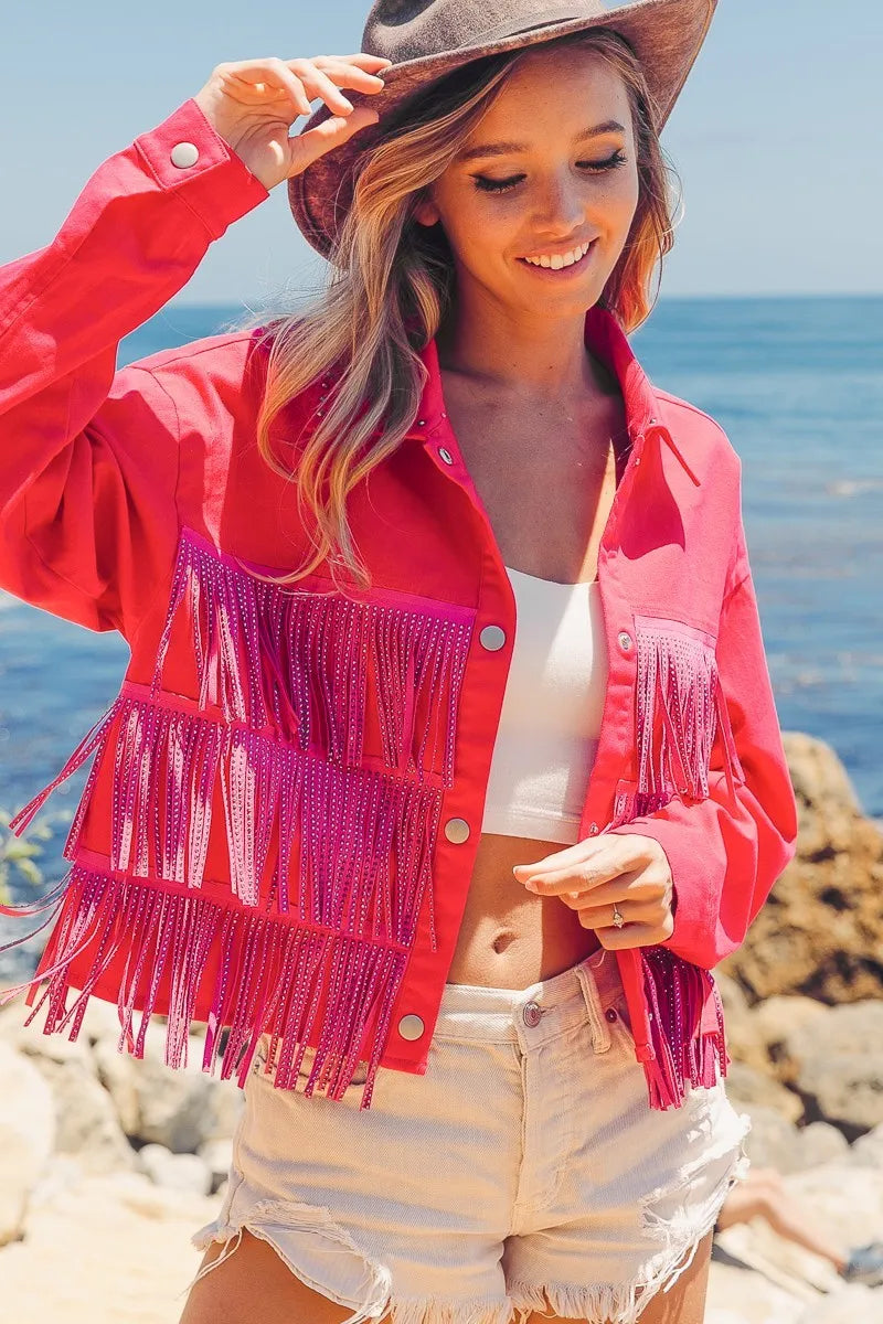 BiBi Jacket Rhinestone Fringe with Studed Collar Tasseled Fuchsia Pink e16eacef27834889b1ae8bd4d6964ef1-Max-Origin Trendsi