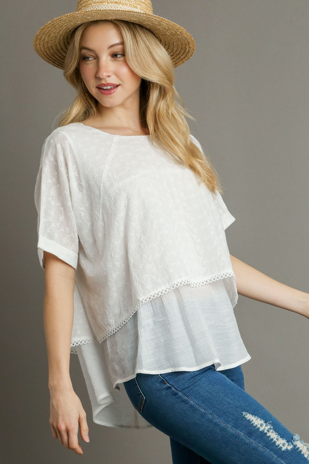 Umgee Blouse White Eyelet Layered Cotton Short Sleeve Top White e1758441-5407-4e1c-b514-0ddacf843925-Max Trendsi