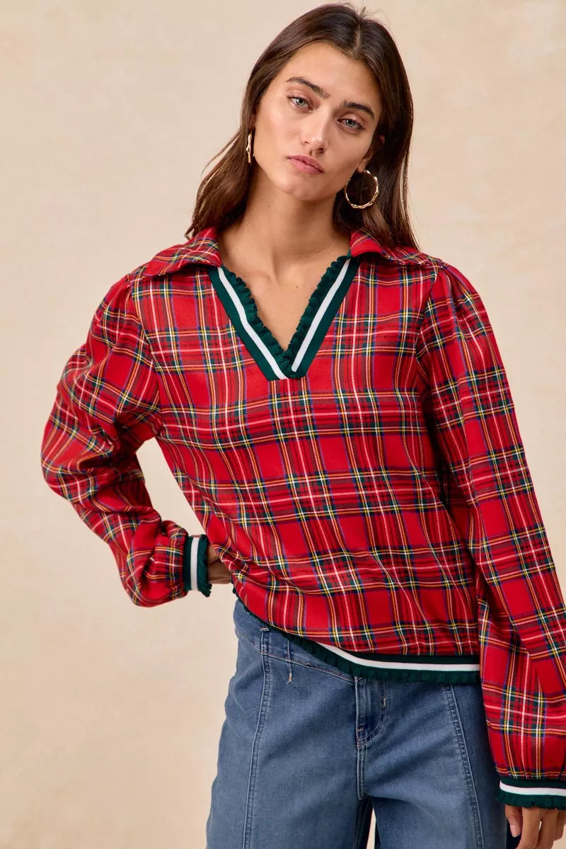 BiBi Christmas Womens Blouse Red Plaid Collared Top with Ruffled Detail e1779dcfca4a4629a6f8a33f754806fd-Max-Origin Trendsi