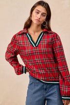 BiBi Christmas Womens Blouse Red Plaid Collared Top with Ruffled Detail e1779dcfca4a4629a6f8a33f754806fd-Max-Origin Trendsi
