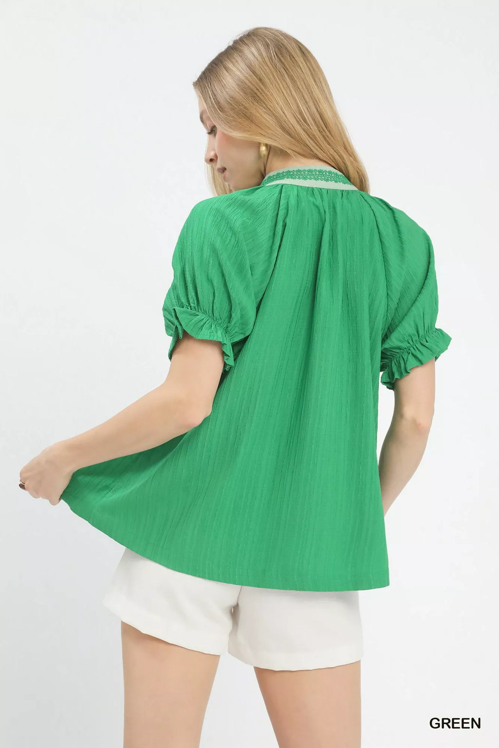 Umgee Blouse Green Textured V-Neck Top with Lace Trim Details e1893394-ac4e-438b-b769-75f1a6ac814a-Max-Origin Trendsi
