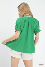 Umgee Blouse Green Textured V-Neck Top with Lace Trim Details e1893394-ac4e-438b-b769-75f1a6ac814a-Max-Origin Trendsi