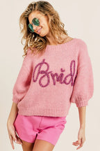 BiBi Womens Hairy Sweater Pink Metallic Letter Short Puff Sleeve Top PINK e18a88fde61a4f22b9a84ba1377c6e56-Max-Origin Trendsi
